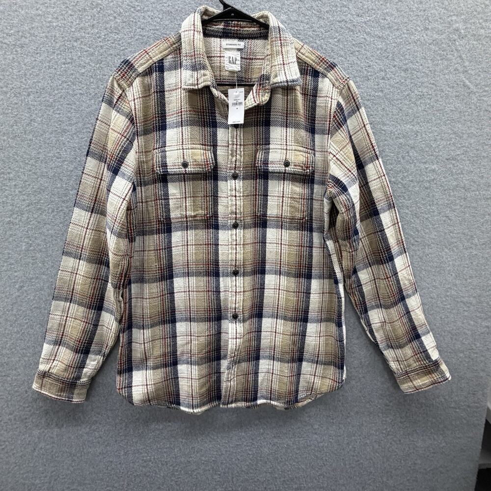 GAP Flannel Over Shirt Men's Medium Plaid Beige Red Blue button Down NWT Heavy
